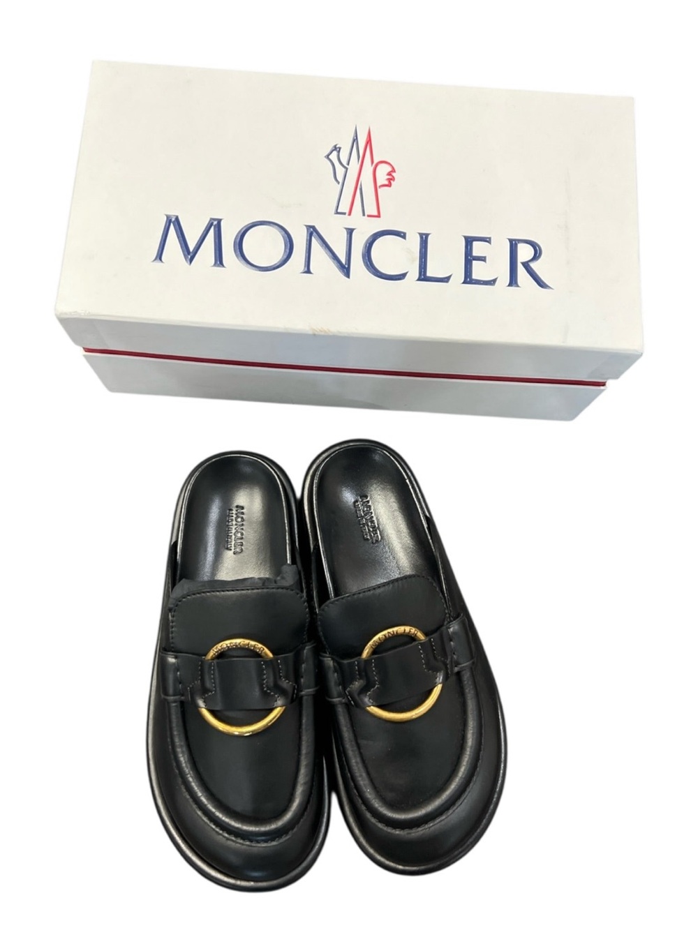 Moncler Bell Mule Black Leather Slip-On Mules with Gold Ring Accent - Picture 4 of 7